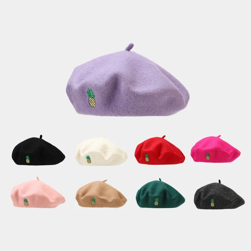 Women Wool Beret Japanese Fresh Pineapple Embroidery Painter Hat Retro Literary Outdoor Fashion Casual Solid Color Artist Beanie