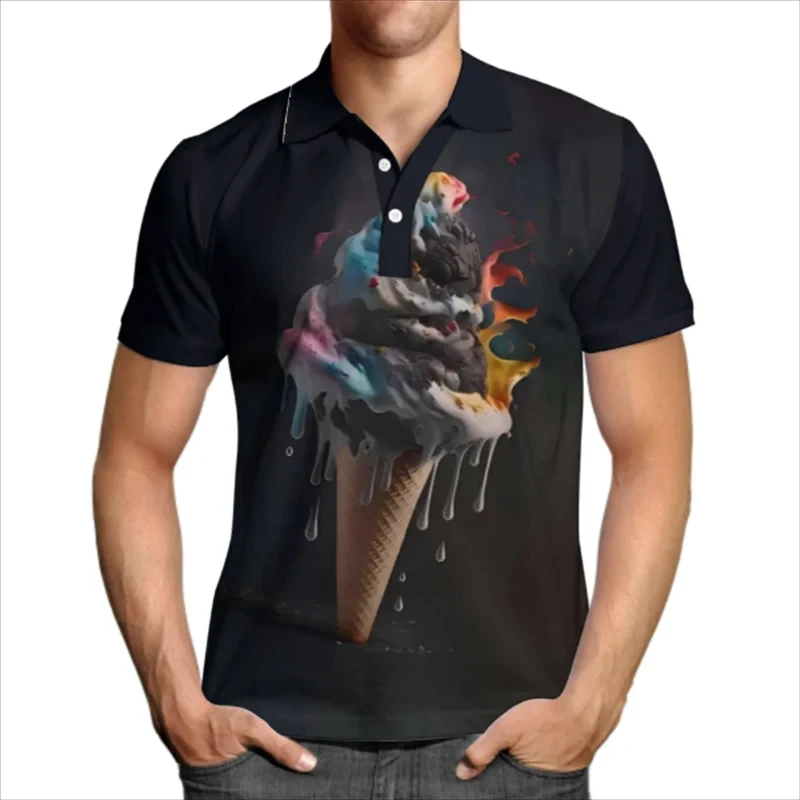 Polo de manga corta con estampado 3D de helado, camiseta Harajuku informal a la moda, Tops geniales, camisetas divertidas con solapa 2024