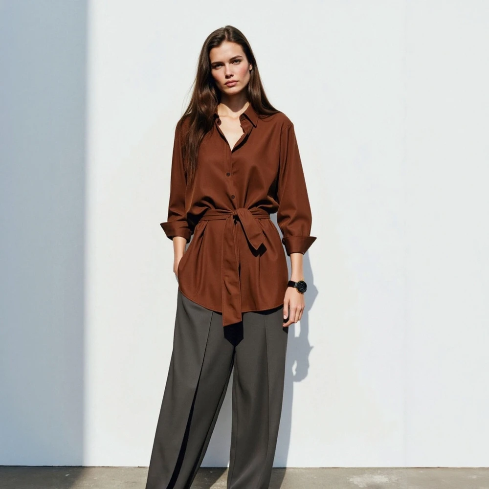 レディース長袖シャツ 無地 レースアップカラー レギュラーフィット オフィスレディトップス 秋用