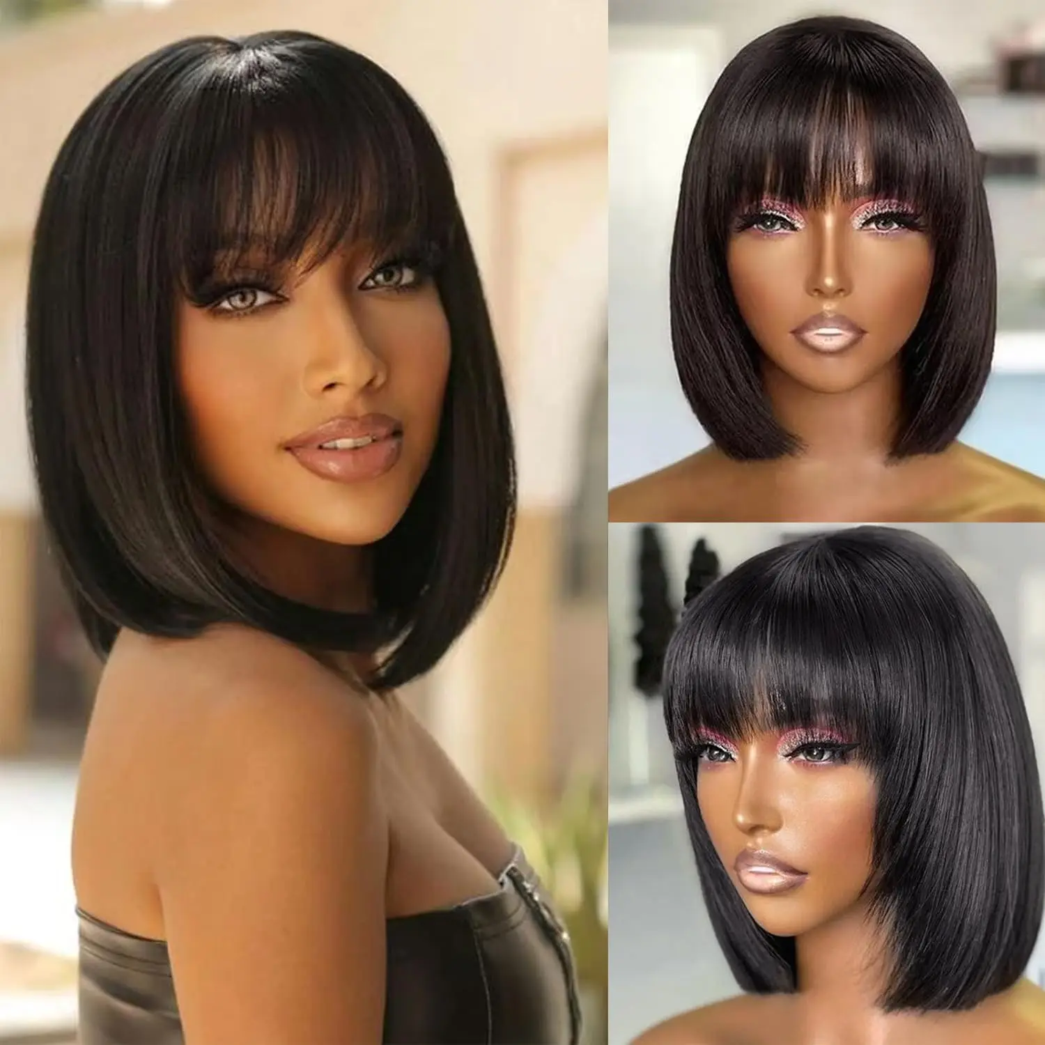 

14 Inch Short Bob Wigs Human Hair With Bangs None Lace Front Wigs 100% Brazilian Remy Straight Bob Wigs For Black Women No Glue
