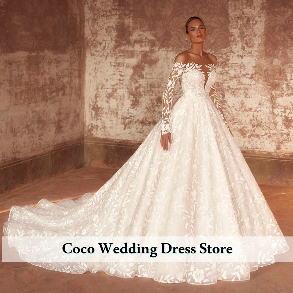 

Customized Exquisite Boat Neck Wedding Dresses Long Sleeves Lace Zipper Marriage Formal Party Bridal Gowns Vestido de novia