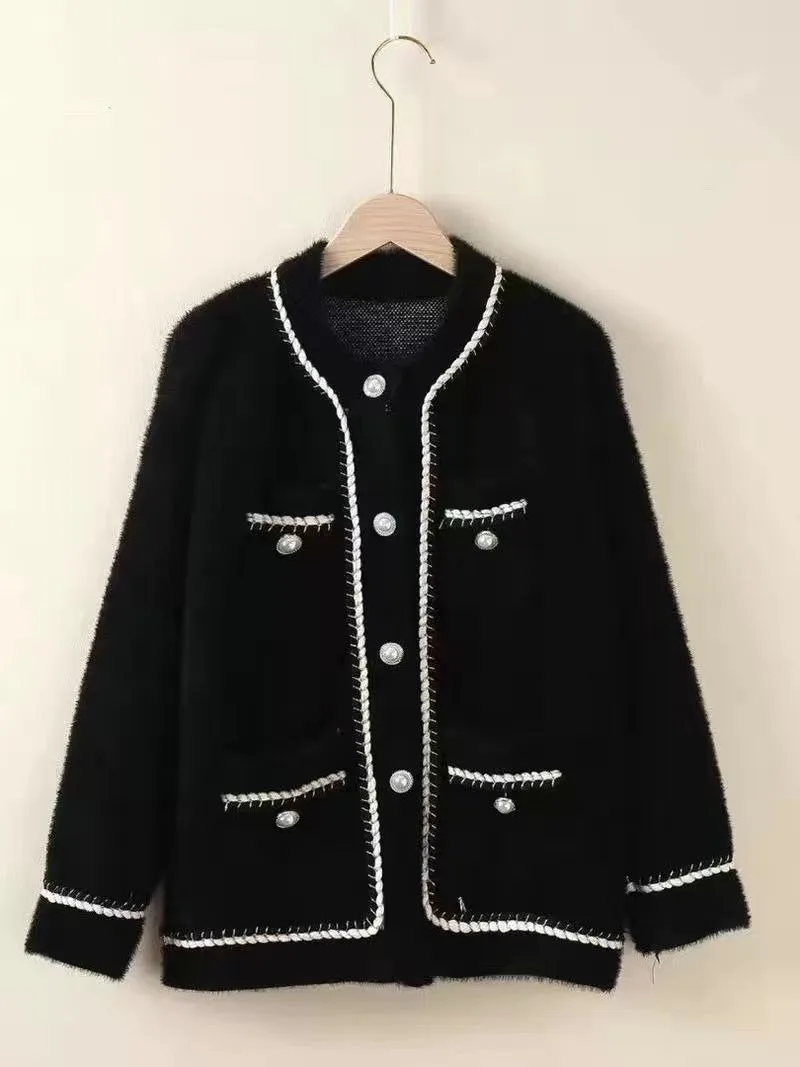 Women Sweater Autumn Winter Korean Fashion Style Knitted Cardigan Loose Pearl Beaded White Black Coat