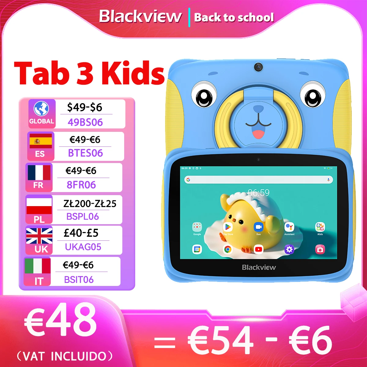 Blackview Tab 3 Kids 7 Inch Tablet 2GB RAM +32GB ROM Tablet For Kids, Android 13 Tablet 3280mAh Battery with Tablet case