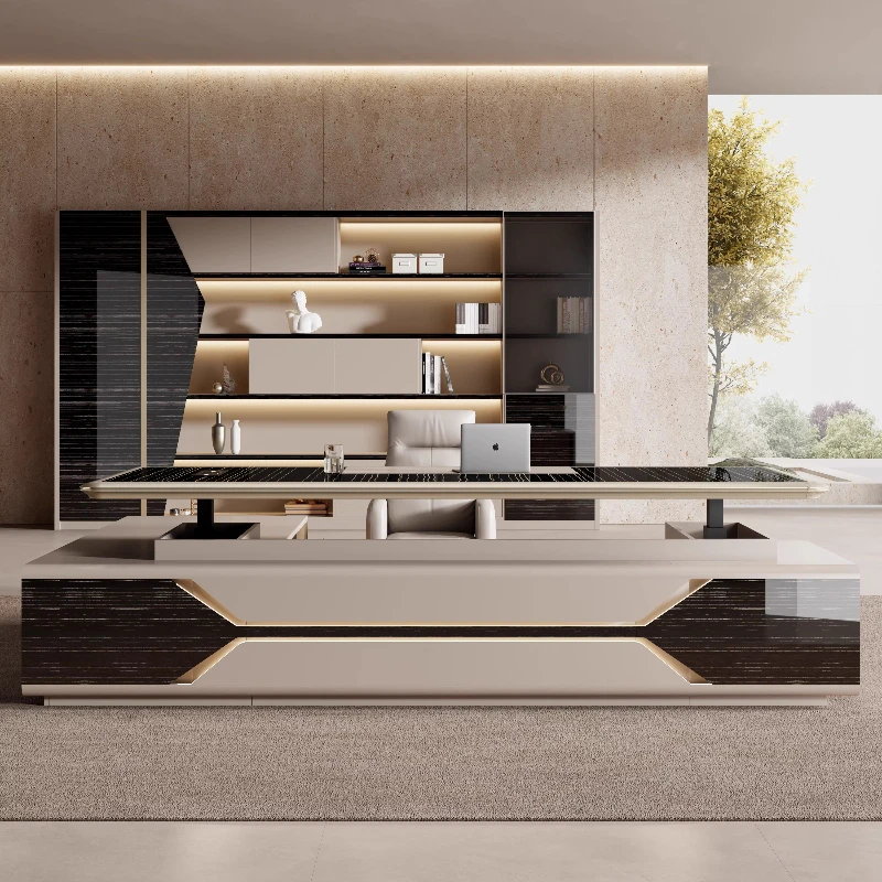 #￥Intelligent electric lift boss desk With side cabinetHigh end luxury elegant computer desks office tableschreibtisch furniture