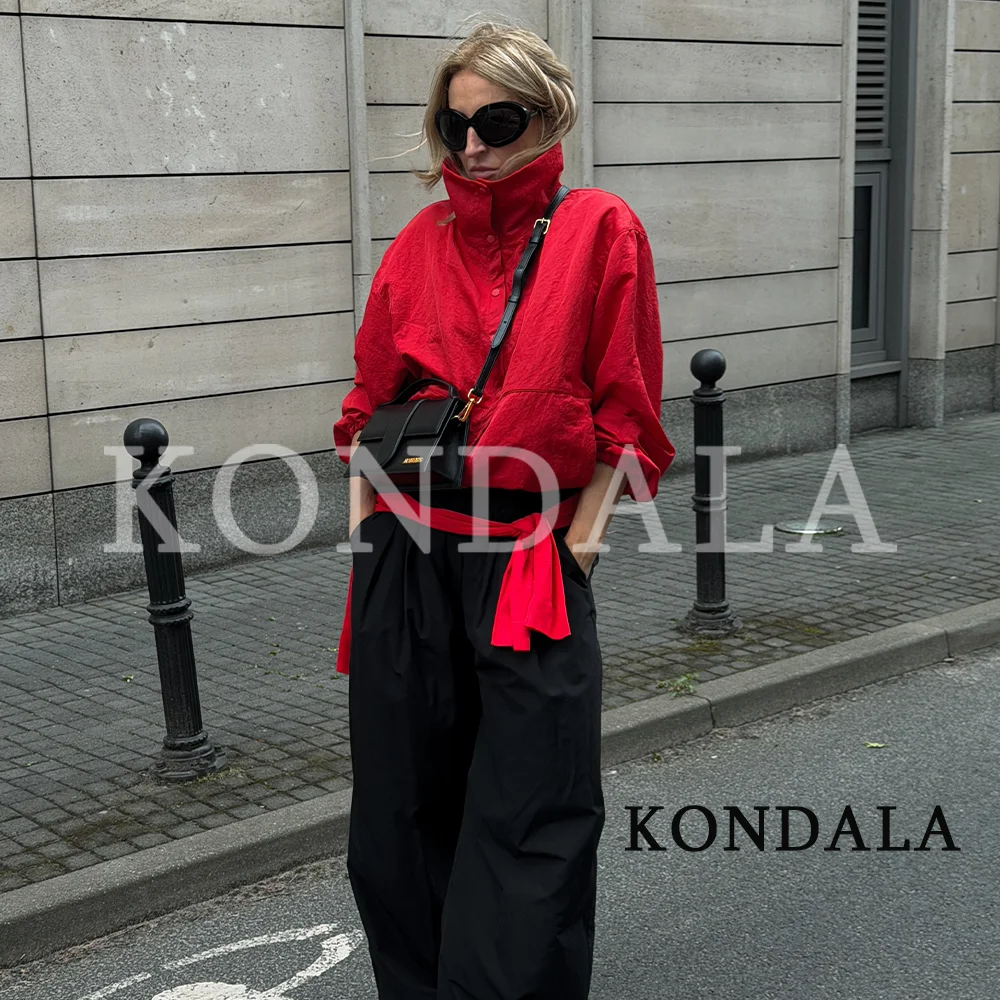KONDALA Women Chic Red Stand-Collar Buttons Jacket 2026 Early Autumn/Fall Trendy High Street Jacket Lady Elegant Commute Jacket