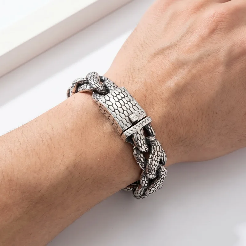 Kalen Snake Skin Cuban Link Men's Bracelet Punk Heavy Stainless Steel Motorcycle Jewelry Vintage Metal Accessory Gift Waterproof
