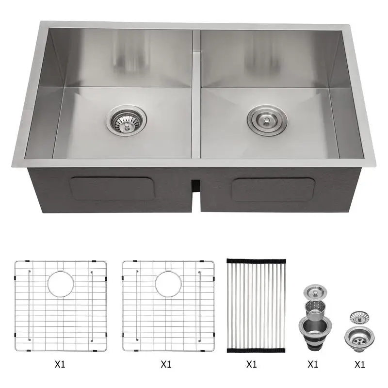 

33"x19" 16 Gauge Double Bowl Undermount Kitchen Sink with Two 10" Deep Basins
