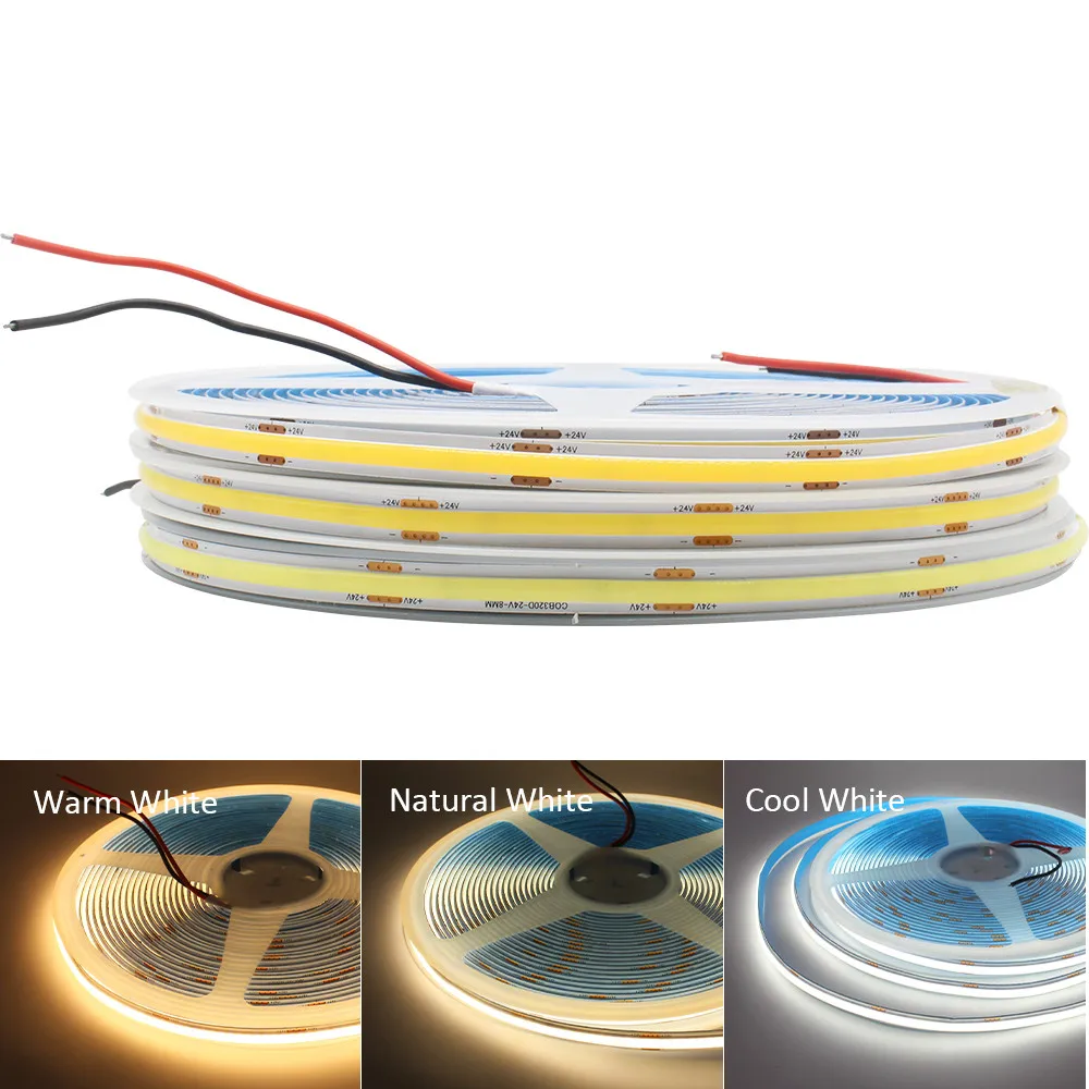 24V FOB COB LED Strip Lights 320LEDs/m Linear Dimmable Lighting 3000K 4000K 6000K Flexible Ribbon Room Decor No Voltage Drop