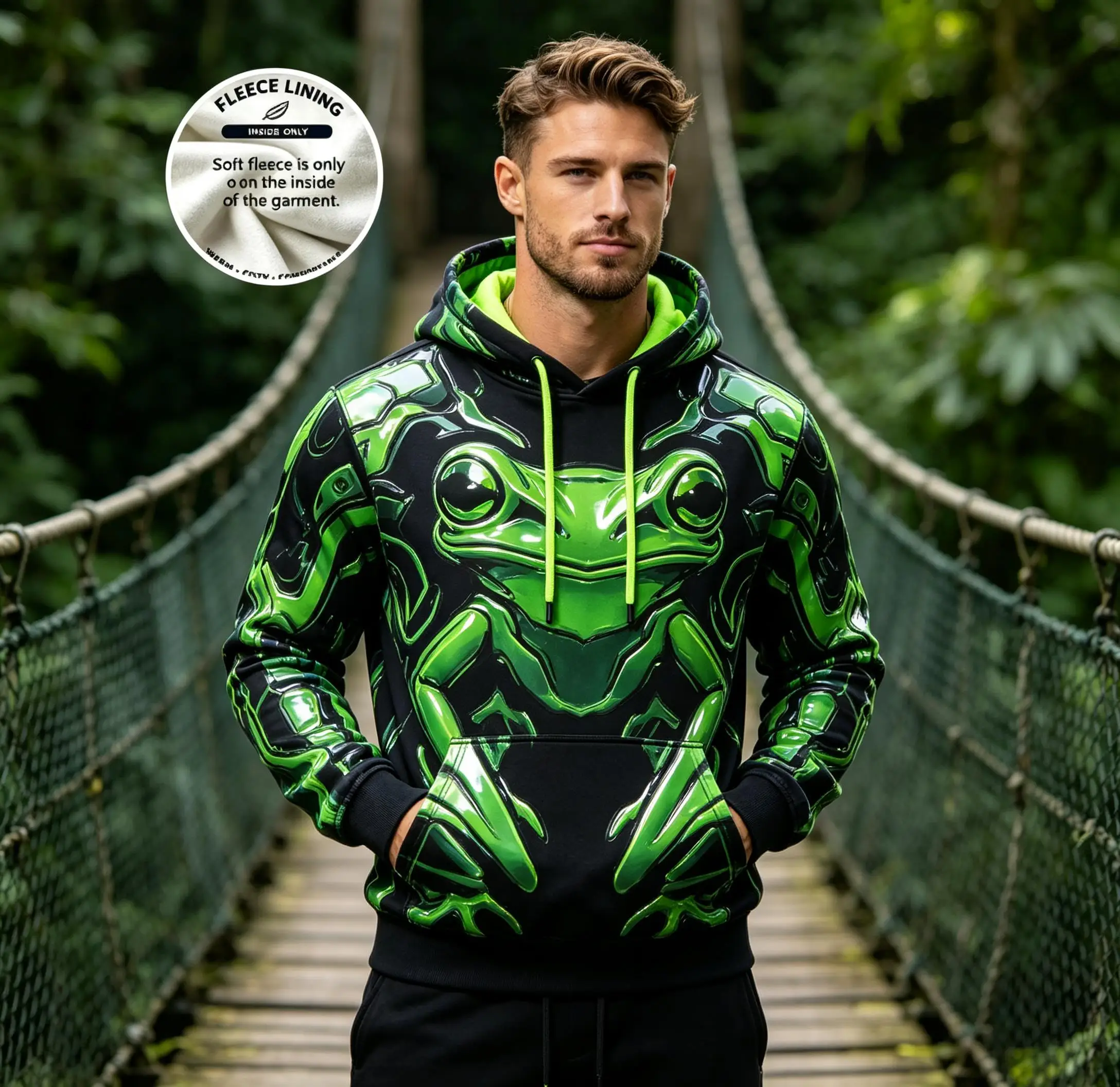 Men Fleece Lined Hoodie Black Fluorescent Green Cyber Frog Rainforest Print Drawstring Pullover Sweatshirt
