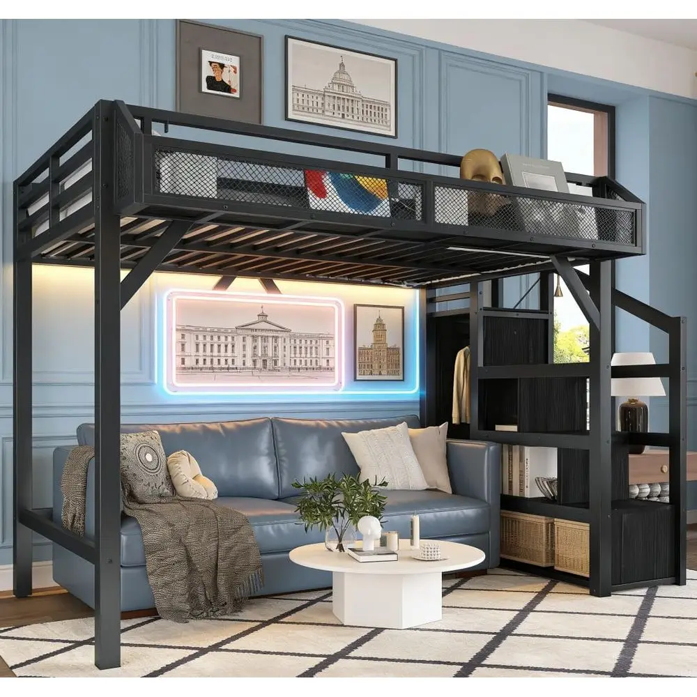 Integrated wardrobe compartment beneath metal loft frame