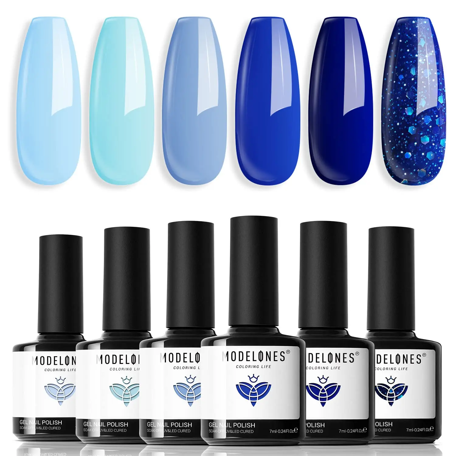

Набор гель-лаков Modelones Blue Gel, 6 цветов, коллекция Весна 2026: пастельные, королевский синий, небесно-голубой, ледяной синий, с блестками.