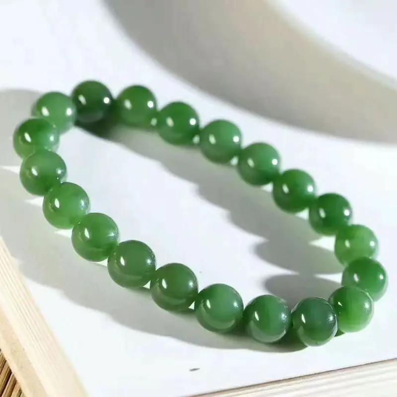 Hetian Jade Bracelet Russian Jasper Spinach Green Round Beads 9.5Mm Fashion Versatile Women'S