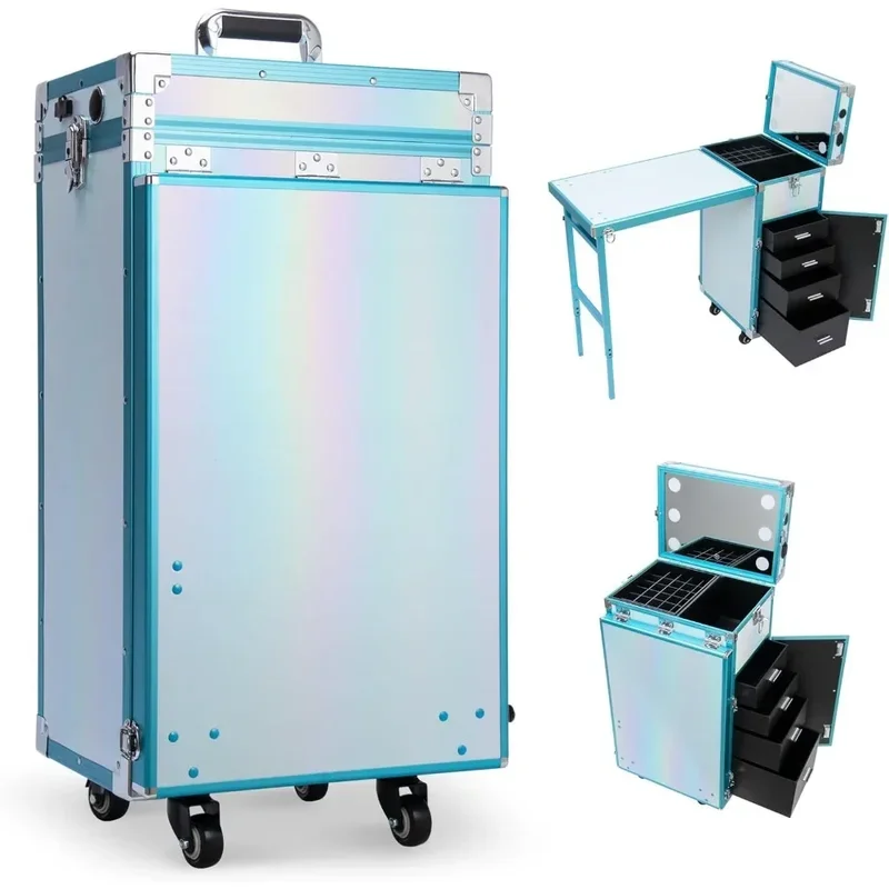 Rolling Manicure Table Makeup Station w/Speaker, Portable Nail Desk for Nail Teach, Foldable Traveling Organizer Cart