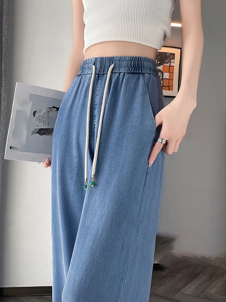 

Summer Thin Women Denim Straight Pants Elastic Waist Drawstring Wide Leg Trousers Leisure Simple Ladies Blue Jeans