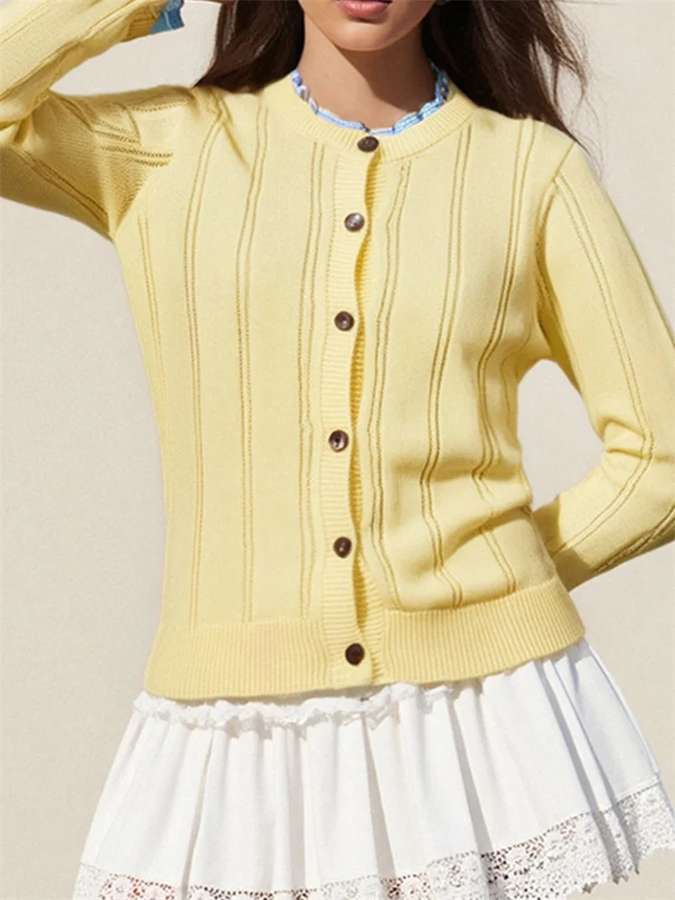 

CHRONSTYLE Women Spring Fall Knitted Cardigan Plaid Print Neckline Patchwork Long Sleeve Button Down Sweaters Jackets Streetwear