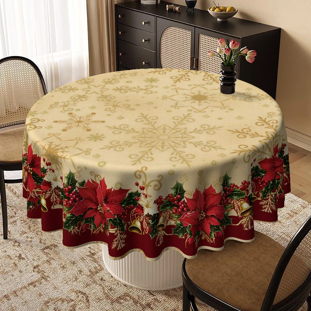 1PC retro Christmas theme round tablecloth, red poinsettia, green holly leaves wreath design Christmas tablecloth