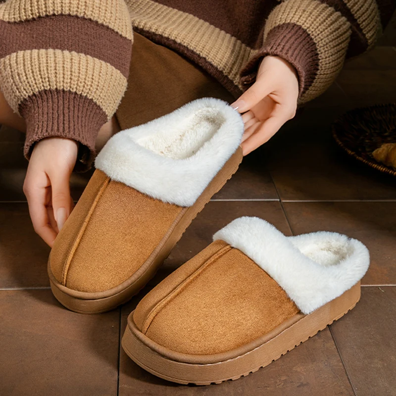 Fashion Fluffy Platform Slippers for Women Men Winter Plush Warm Cotton Shoes Woman Comfort Non Slip Unisex Home Slippers image 4
