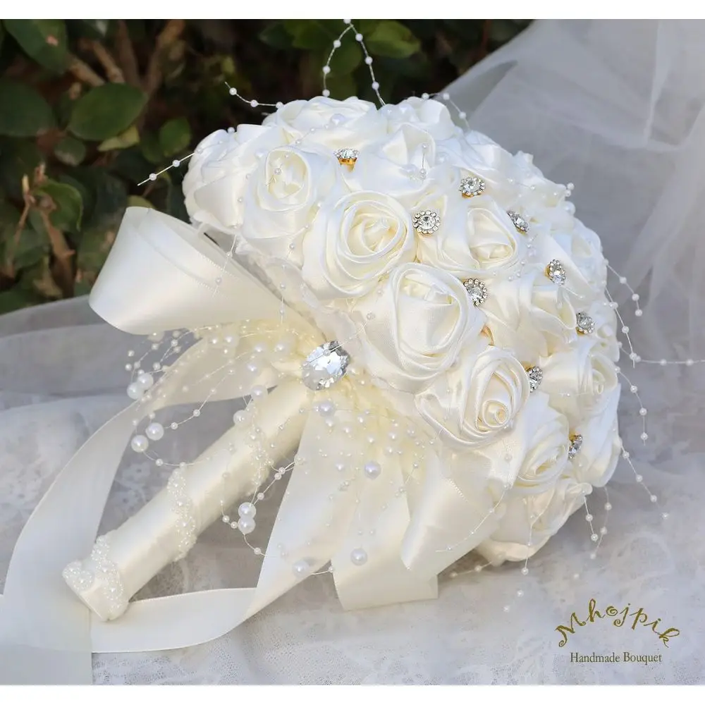 باقة بروش مستديرة متألقة باللون العاجي مع ورود صناعية للعرائس ووصيفات العروس - مثالية لحفلات الزفاف وال Quinceaneras (9 #6