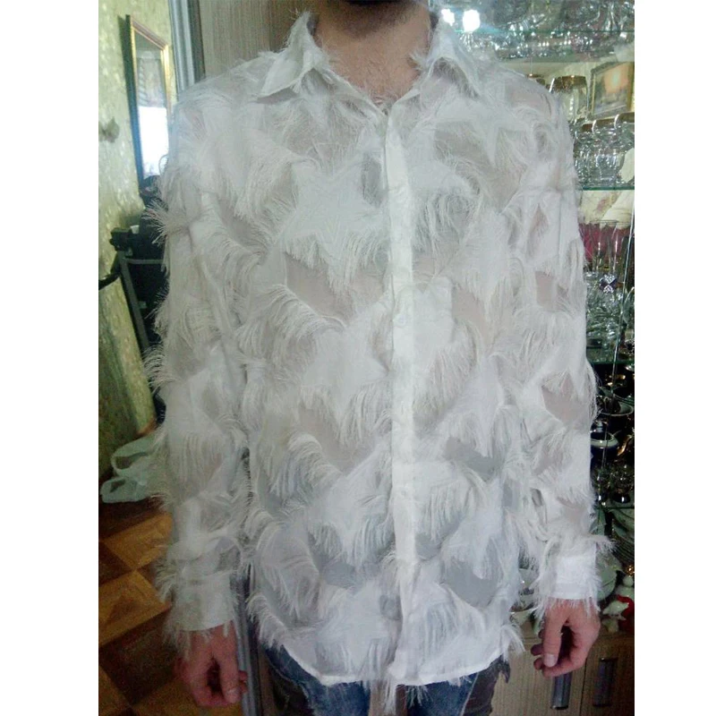 Sexy Feather White Shirt Men 2024 Fashion Transparent Long Sleeve Dress Shirts Men Gothic Party Nightclub Singer Stage Costume