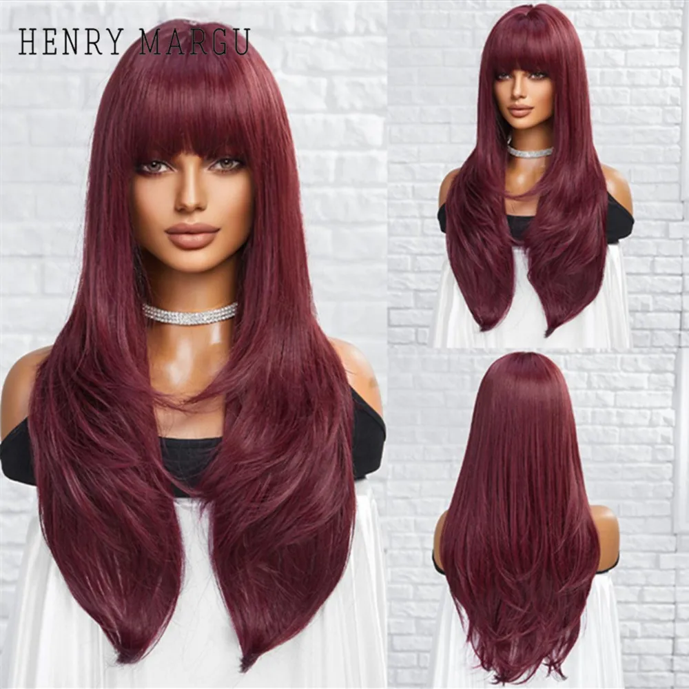 Red Synthetic Wig with Bangs Long Layered Hair Straight Wigs for Women Soft Burgundy Fake Hair Daily Party Heat Resistant Fiber