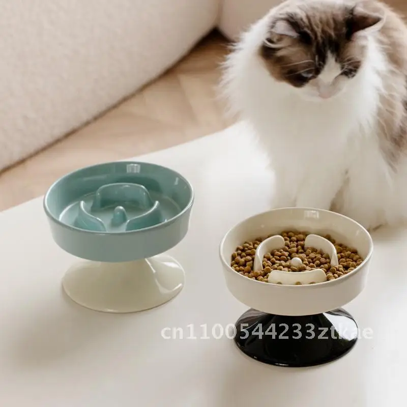 

Ceramic Slow Food Bowl for Pets Large Capacity Cat Dinner Plate with High Foot Cervical Spine Protection Anti-Choking Dog Food