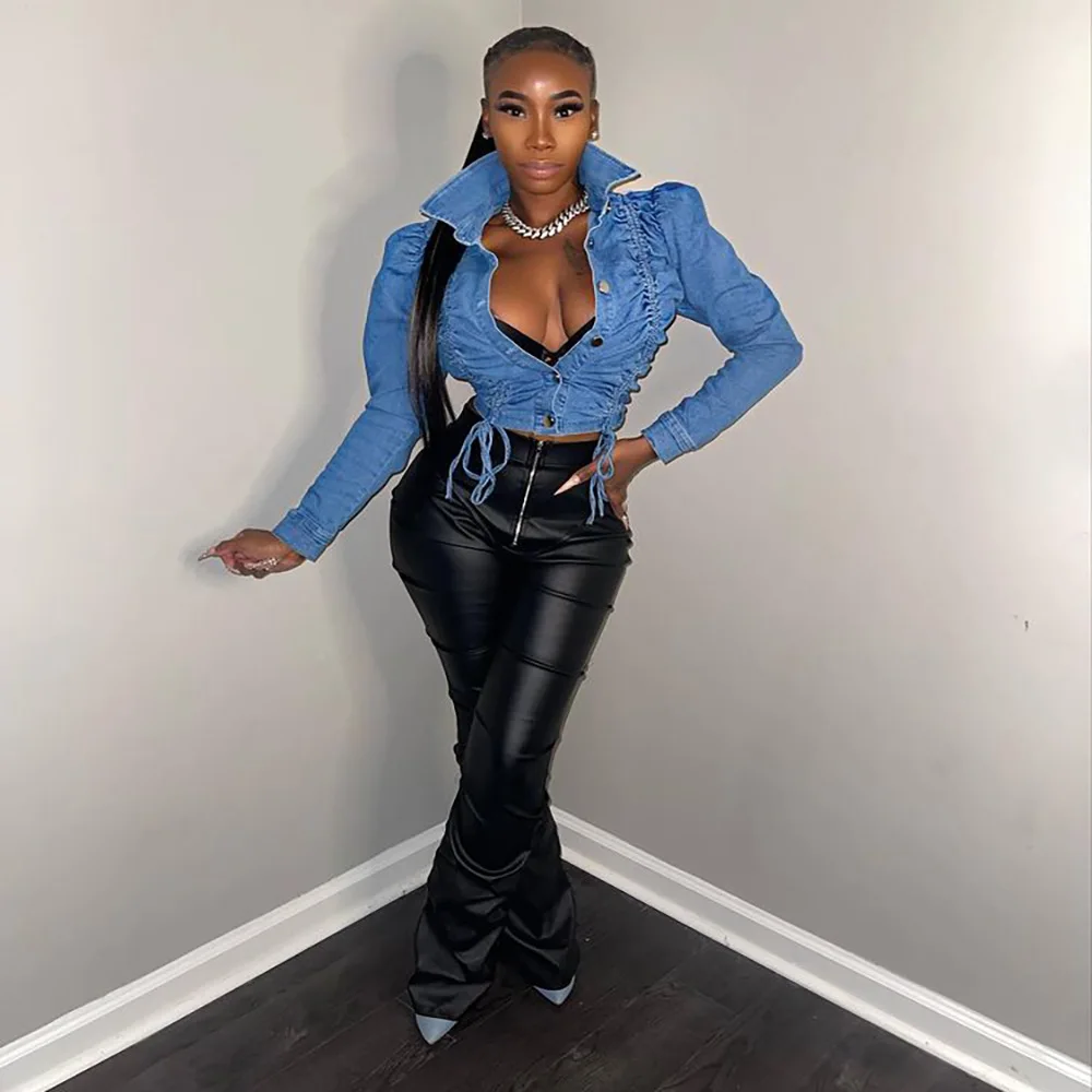 Trendy Women's Personalized Drawstring Denim Jacket Street Style Single-Breasted Long-Sleeved Top