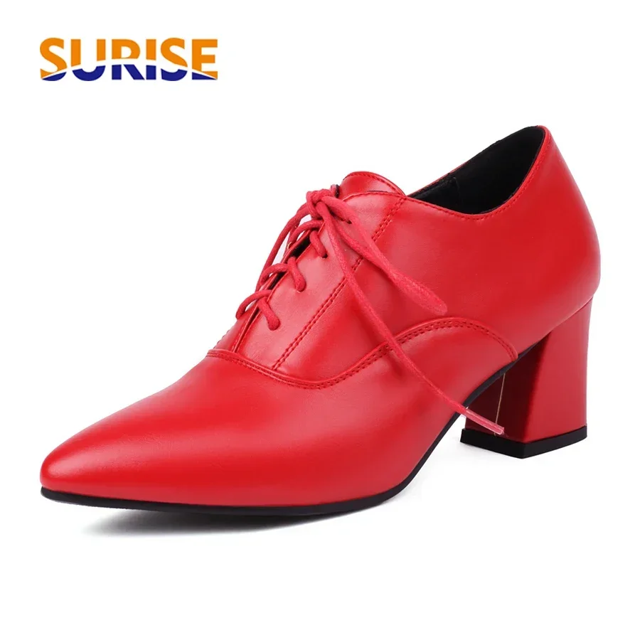 Red British Women Oxfords Khaki Black Brown High Chunky Heels Pumps Dress Office Lady Vintage Spring Lace-up Pointed Toe Brogues