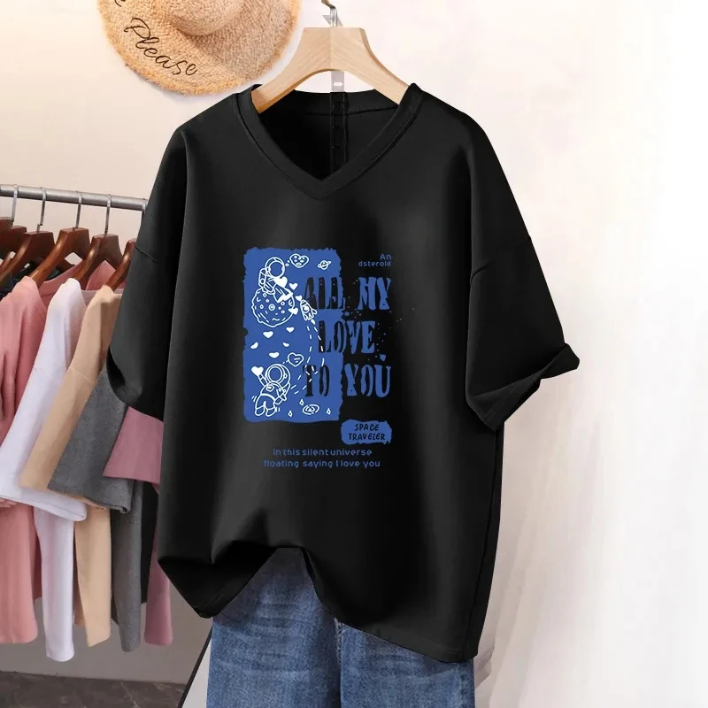 

Plus Size 6XL 150KG Summer Cartoon Women's Cotton T-shirt Short Sleeve V Neck Lady Tops Big Large Size T Shirt Woman Clothing
