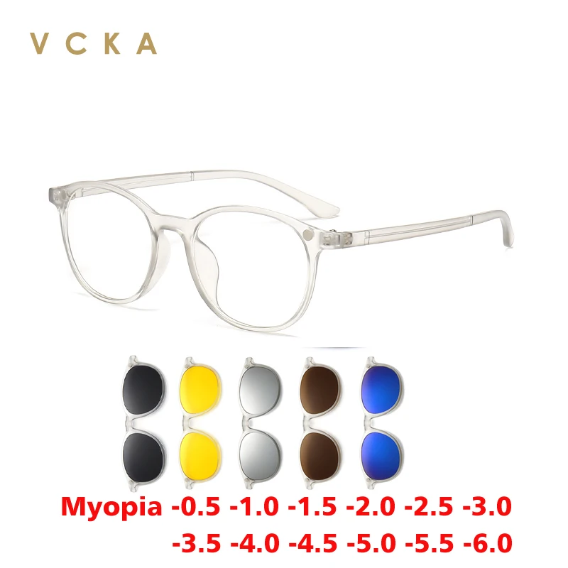 VCKA Transparent Frame Women Myopia Sunglasses 6 In 1 Magnetic Clip Glasses Round Men Polarized Prescription Eyeglass -0.5~-6.0