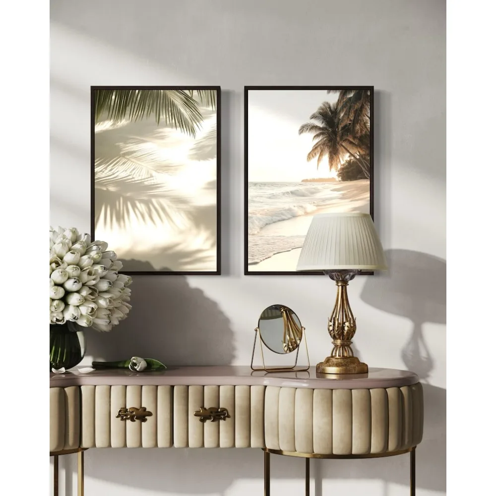 2pcs Frameless Palm Tree Pictures,Beach Photos,with Tropical Coastal Style,for Summer Living Room,Bedroom Wall Art Decoration