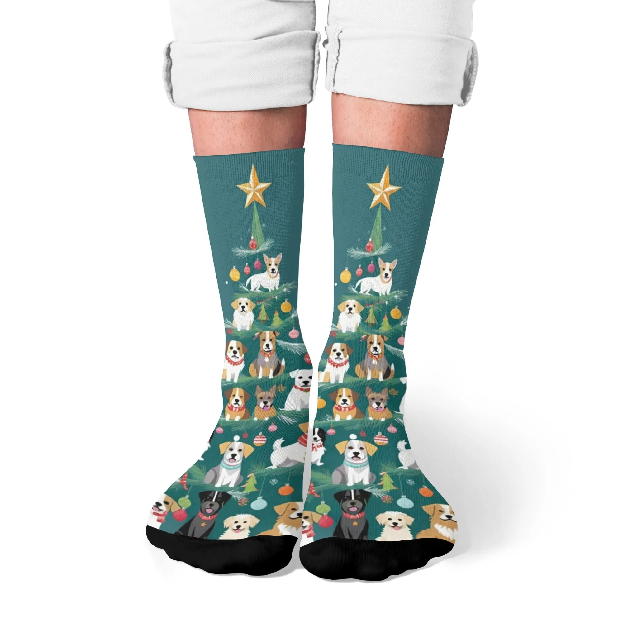 Happiness Christmas Dog Crew Socken Hund & Weihnachtsdetail mit festlichen Tönen Unisex dehnbare Socken für den täglichen Freizeit-Hauskleidung