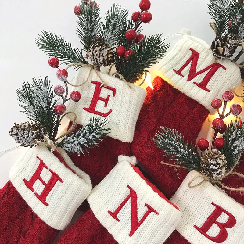 Letters Christmas Knitting Stocking Christmas Tree Pendant Decorations for Home Xmas Gift Snowflake Alphabet Christmas Socks Red