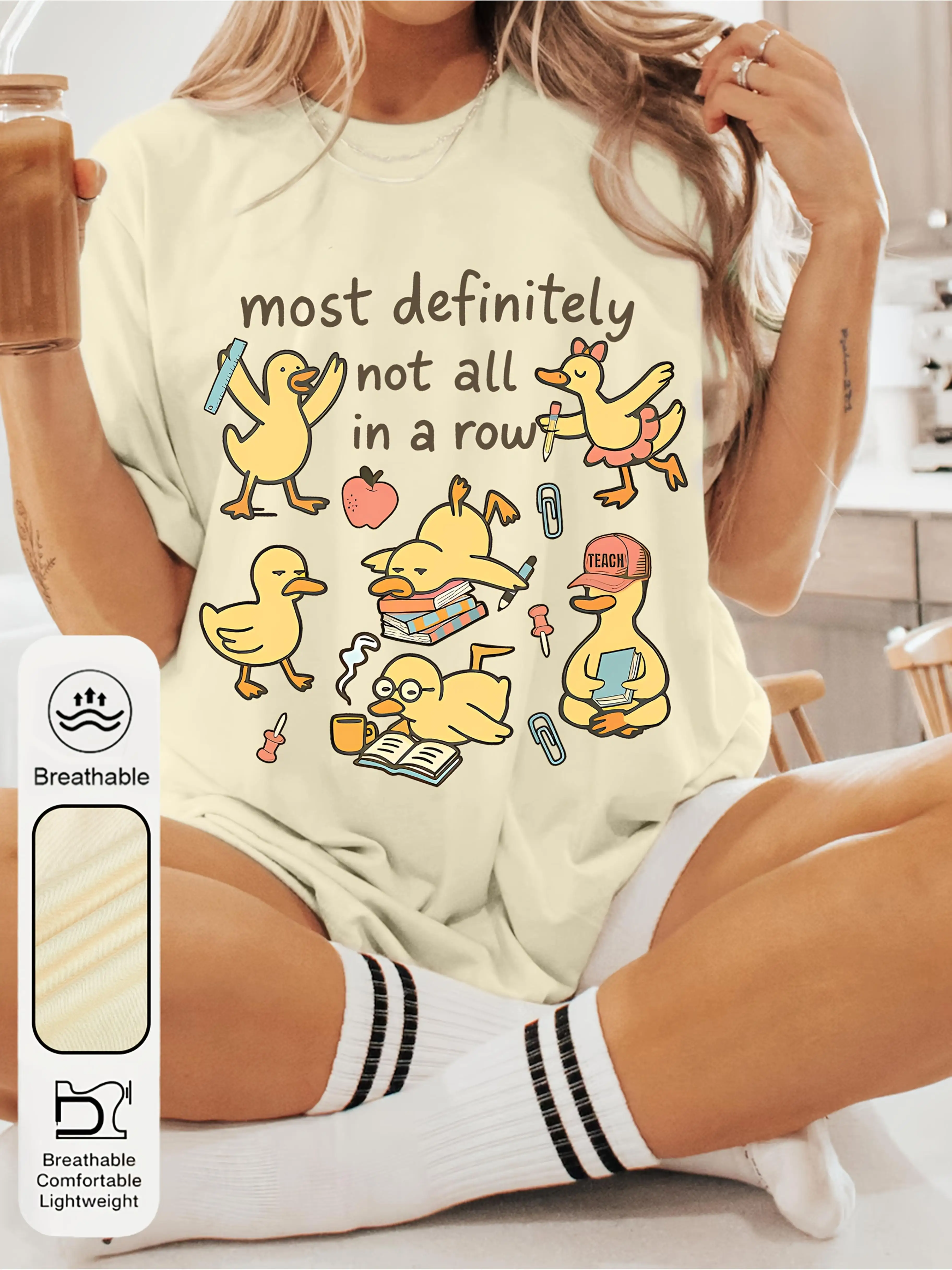 Most Definitely Not All In A Row Women's Tee - Funny Teacher Ducks Graphic, Casual Beige Top