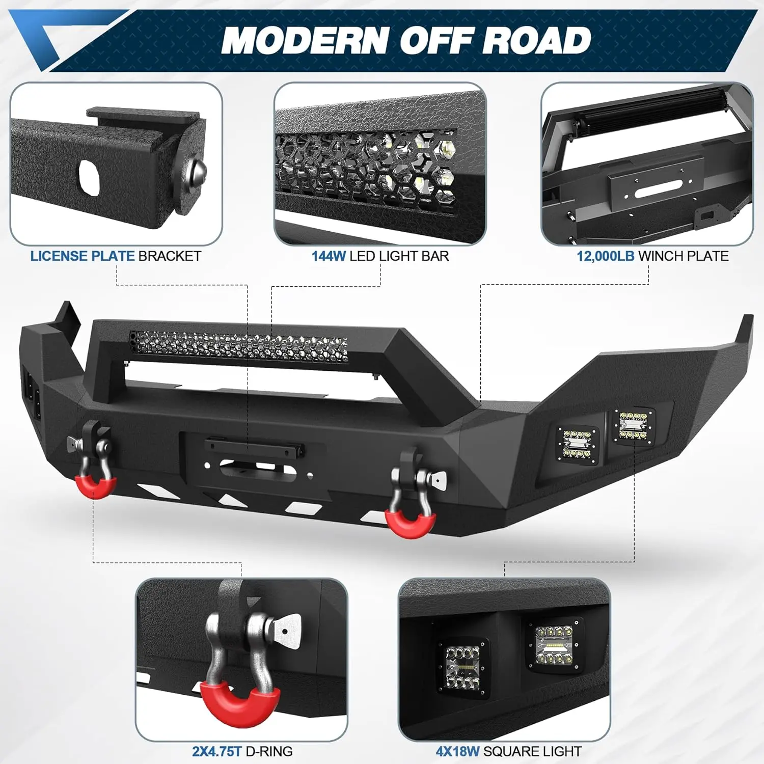 Bumper Set for Ram 1500 2013-2018 (Excl Rebel) & 2019-2024 Classic (Excl Warlock), W/Winch Plate, LED Lights & D-Rings