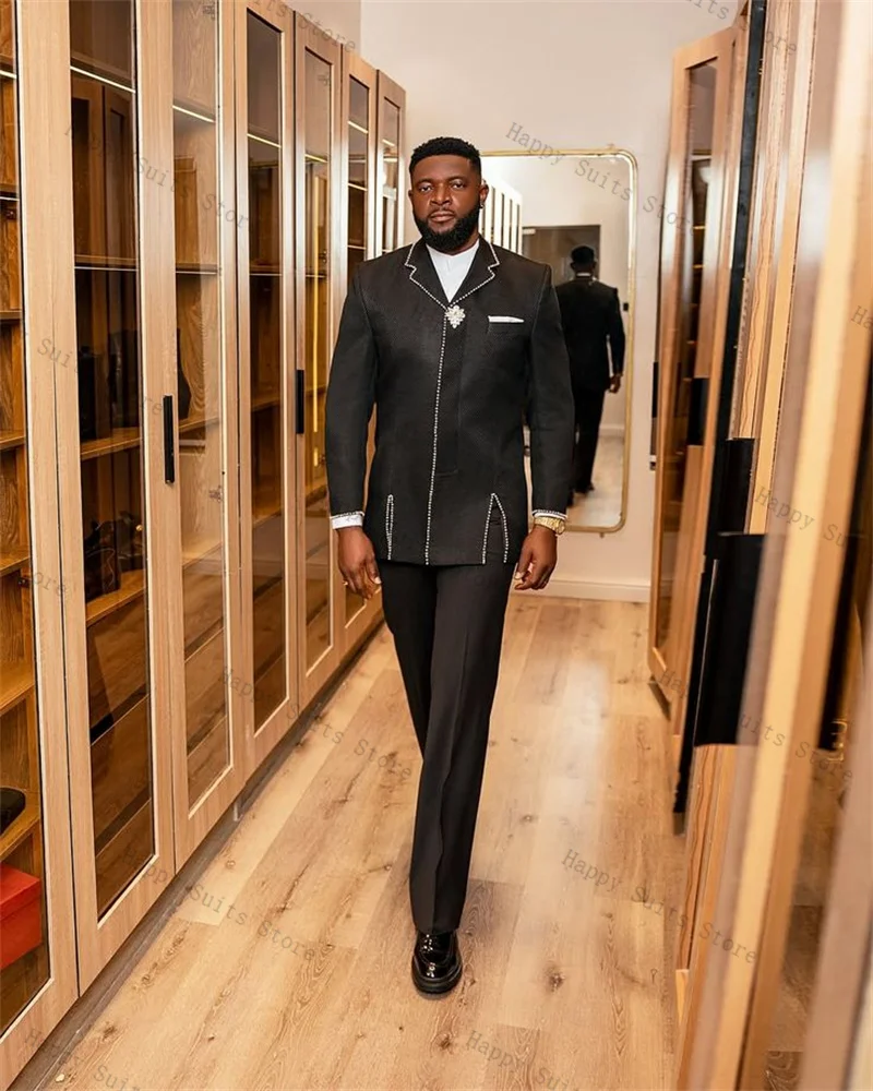 

Black Beaded Men Suit Set 2 Pcs Blazer+Pants Trousers Formal Office Coat Cotton Wedding Tuxedo Customized Jacket Outfit