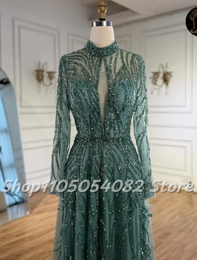 Customized elegant traditional green high-neck wedding dress with beaded studs and long sleeves A-line wedding robe