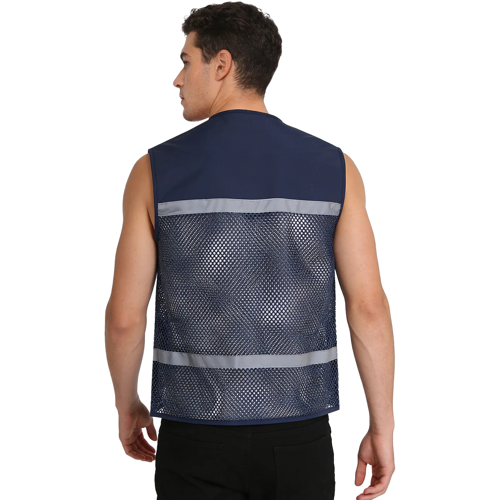 سترة عاكسة للبالغين من الجنسين بتصميم V-neck مع سحاب أمامي وجيوب متعددة، قميص شبكي مسامي بدون أكمام للصيد وركوب الدراجات ليلاً والورشات