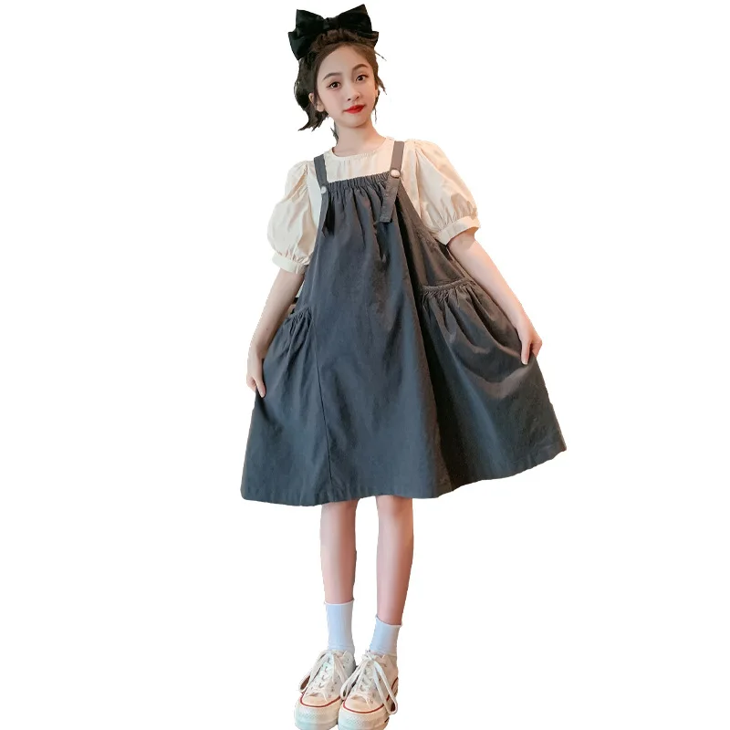 

Teenage Girl's Suspenders Skirt Set 2023 Summer New Korea Big Children Thin Style Short Sleeve Two-piece Suit 5 6 8 10 12 14Year