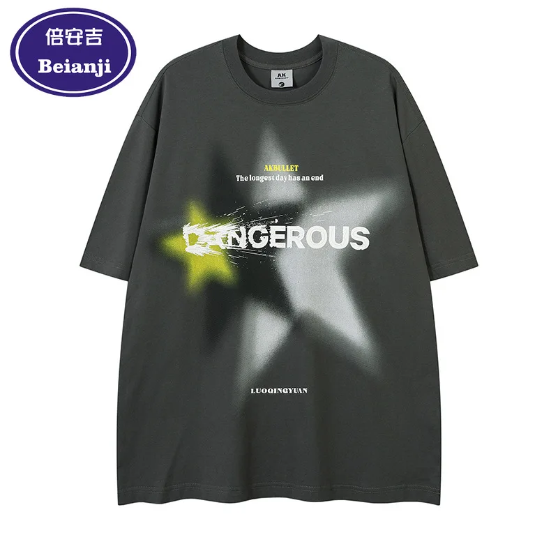 

BEIANJI 2025 new short-sleeved cotton Tees men's and women's summer American street tide star letter tide brand printed T-shirt