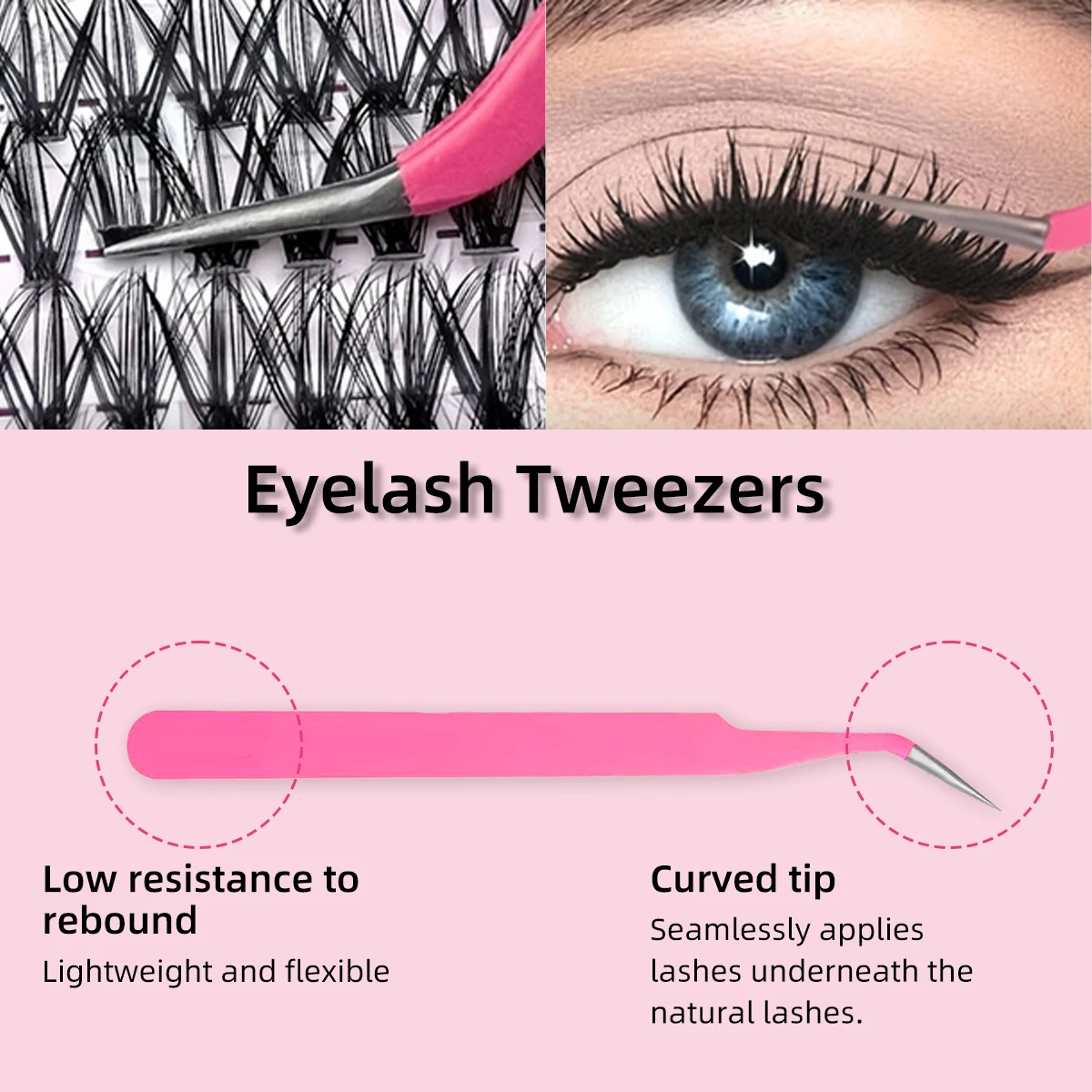 Conjunto de cílios postiços da série Pink Girl, pinça de cílios selada para ligação de extensão de cílios, tuft único + curvatura C, fabricação de curvatura natural