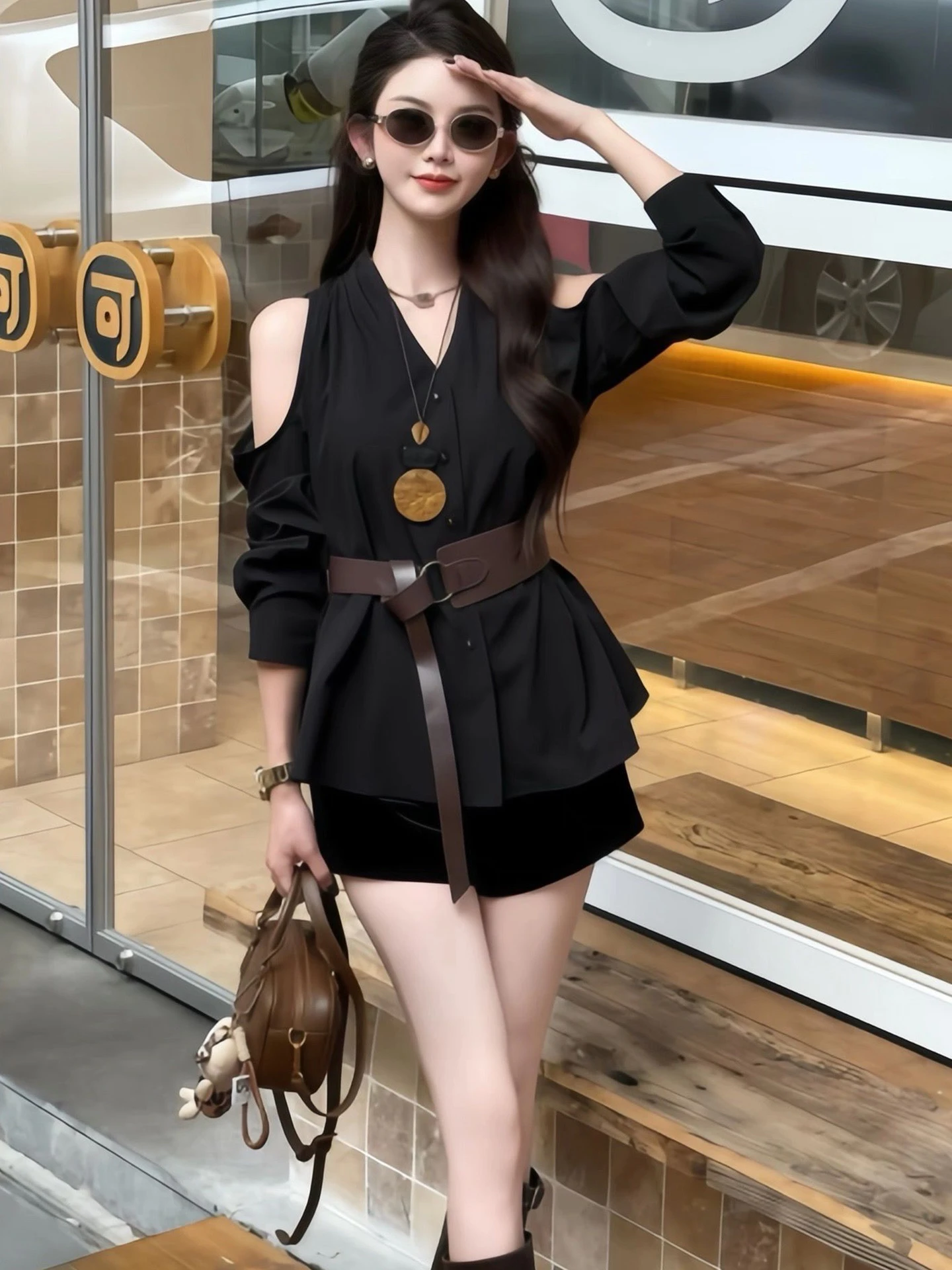 

Женская повседневная блузка с открытыми плечами и длинным рукавом, с эффектом утончения талии, из высококачественной полиэстеровой ткани, с V-образным вырезом