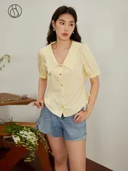 DUSHU Women Short Sleeve Solid Blouses Office Lady Summer Simple Turn-Down Collar Shirt Side Drawstring Design  Women Shirts