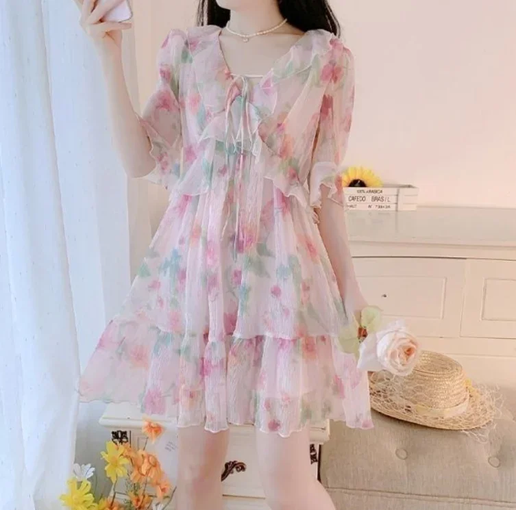 Vestido urbano de estilo francés para mujer, vestido elegante de estilo de hadas con estampado Floral fresco, cuello en V, manga corta, cintura alta, corte en A