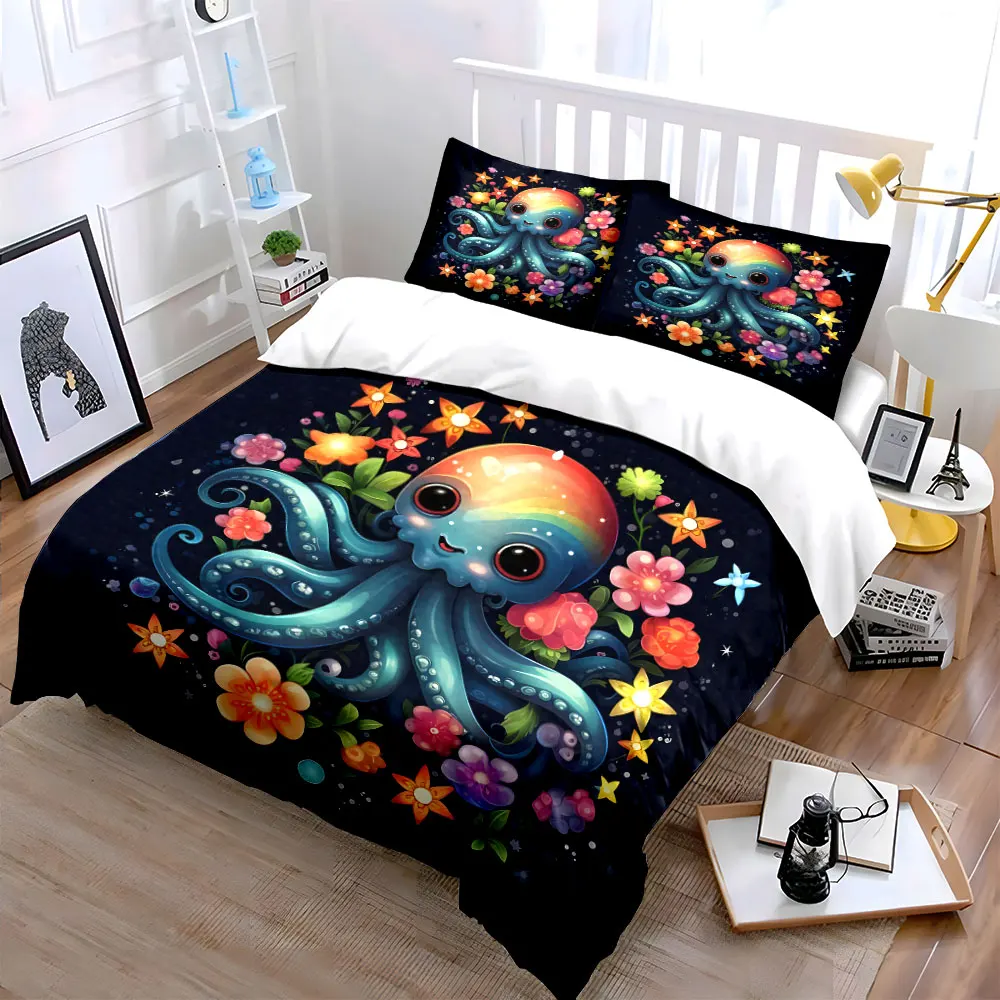 Colorful octopus with vibrant flowers Printed Duvet Cover Set1 Duvet Cover+2 PillowcaseMulti Size Bedroom Bedding Decor