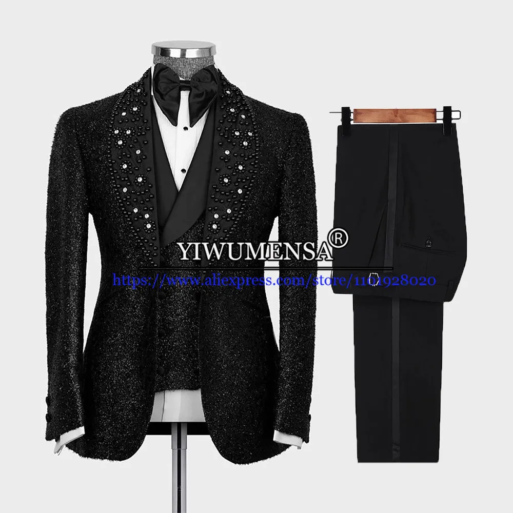 Glitter Sequins Slim Fit Mens Suits Wedding Hand Sewn Beads Black Stain Lapel Burgundy Blazer Tailored 3 Piece Male Clothing