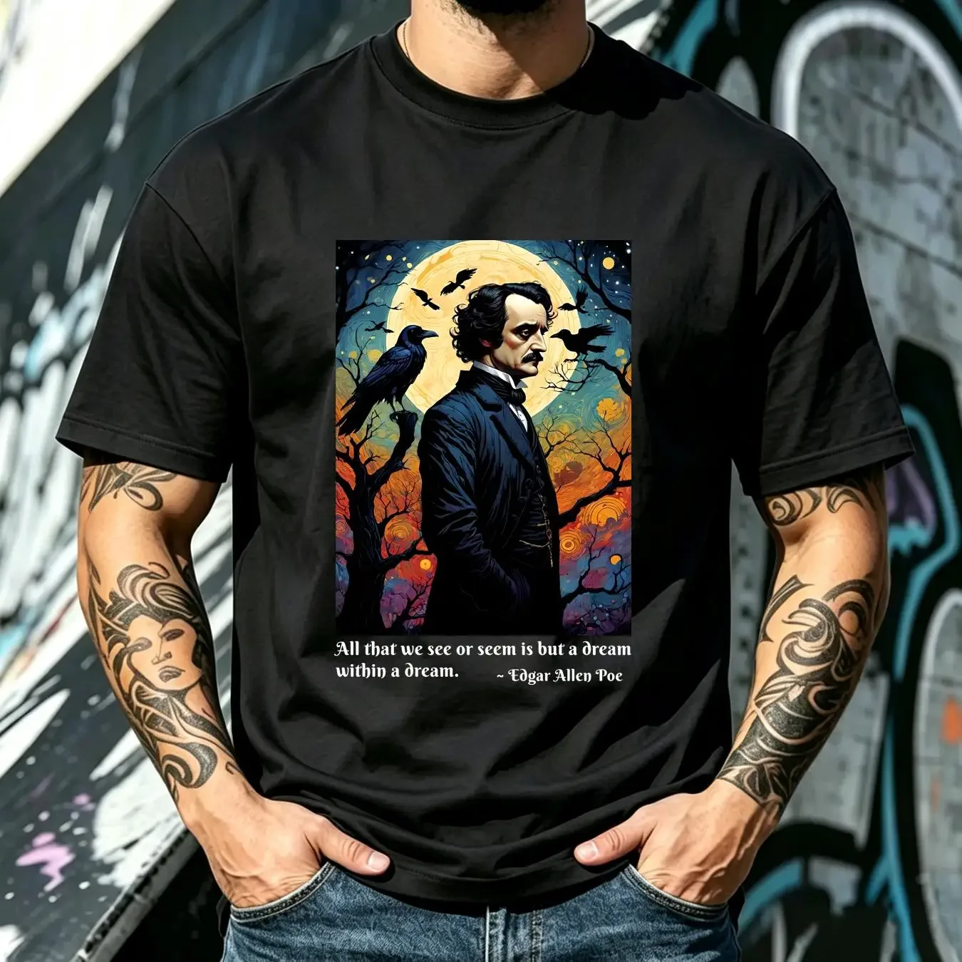 washed T Shirt Edgar Allen Poe famous authors Raven quote cotton long or short sleeves vintage Washed streetwear Slightly homme