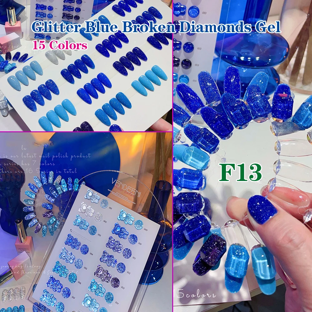 

Vendeeni 15 цветов/набор, блестящий гель-лак для ногтей со сломанными бриллиантами, УФ-светодиод, чистый синий маникюрный лак с блестками и цветной картой
