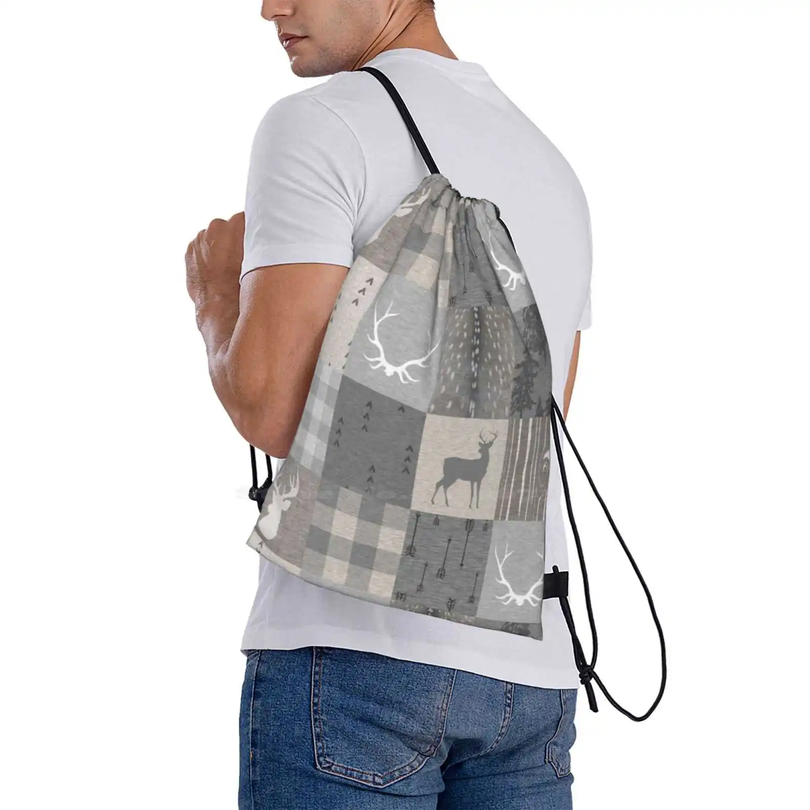 Rustiek Bos Patchwork-Grijze En Beige Hot Sale Schooltas Rugzak Mode Tassen Rustieke Bos Gray Beige Hert Buck Jager