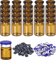 5ml Glass Vials, 100pcs Glass Vial Small Glass Vials Empty Sample Bottle Mini Clear with Caps Seal Port for Lab Plants, Brown