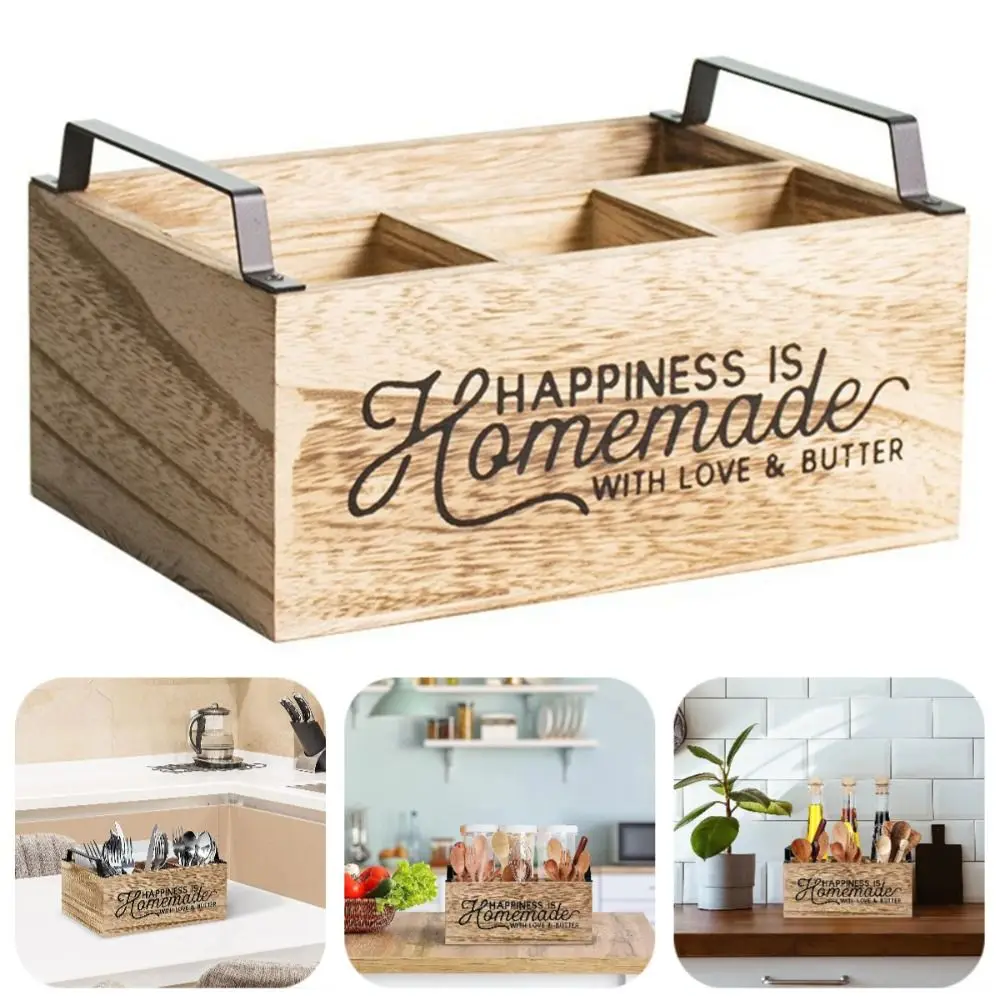 

4 Grid Wooden Partition Storage Box Retro Creative Chopstick Fork Spoon Organizer Stable Multifunction Desktop Stationery Box